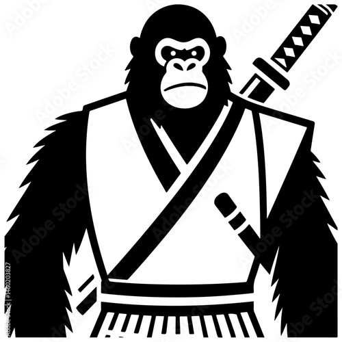 A fierce gorilla samurai warrior stands proudly, katana sheathed, dressed in traditional Japanese garb. Black and white vector art.