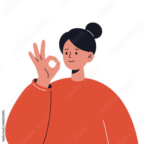 Smiling young woman in a red sweater showing an OK hand gesture against, no background