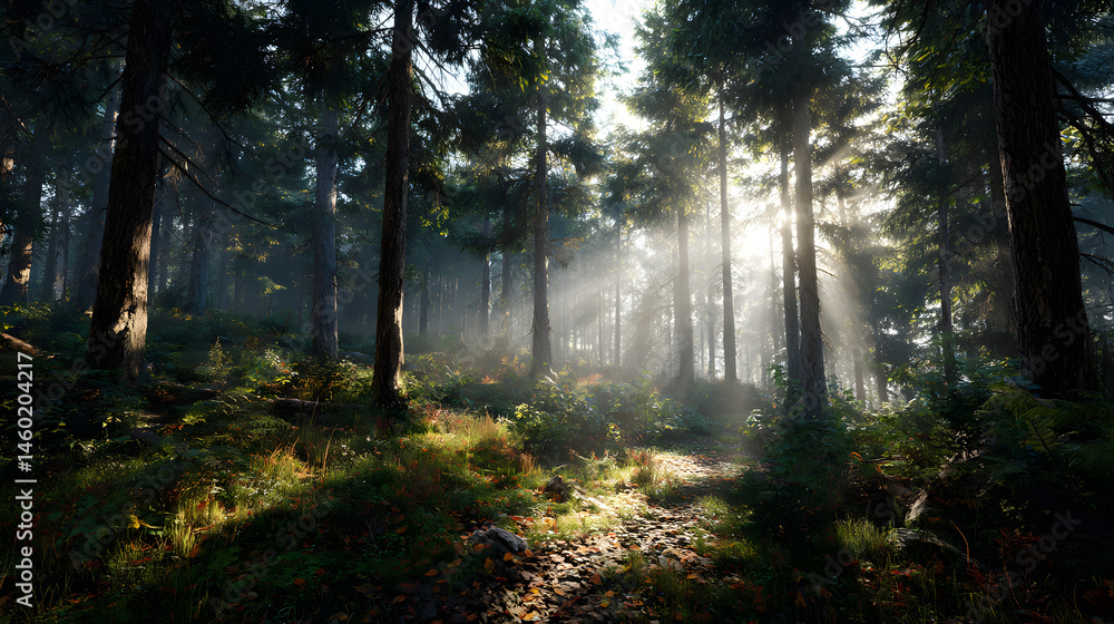 Fototapeta premium Sunlit Forest Path Misty Morning in the Woods