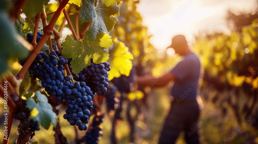 Obraz premium Sunlight illuminates bunches of ripe grapes on vine.