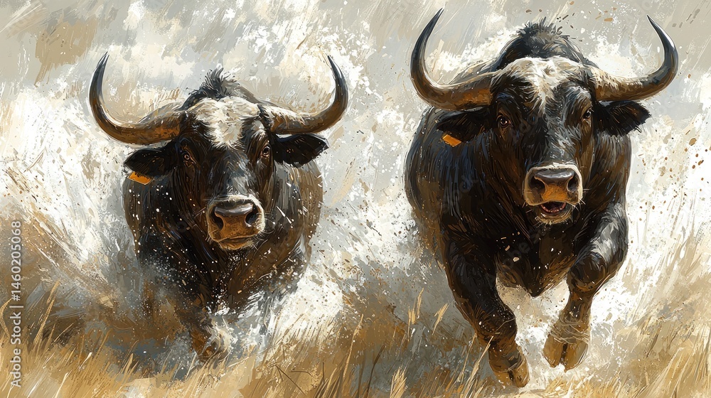 Naklejka premium Two powerful bulls charge through tall grass, water splashing around their legs. Dynamic, intense action