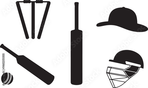 Cricket Equipment Silhouette Collection A Comprehensive Set of Wickets Bats Ball Helmet and Cap for Sports Enthusiasts