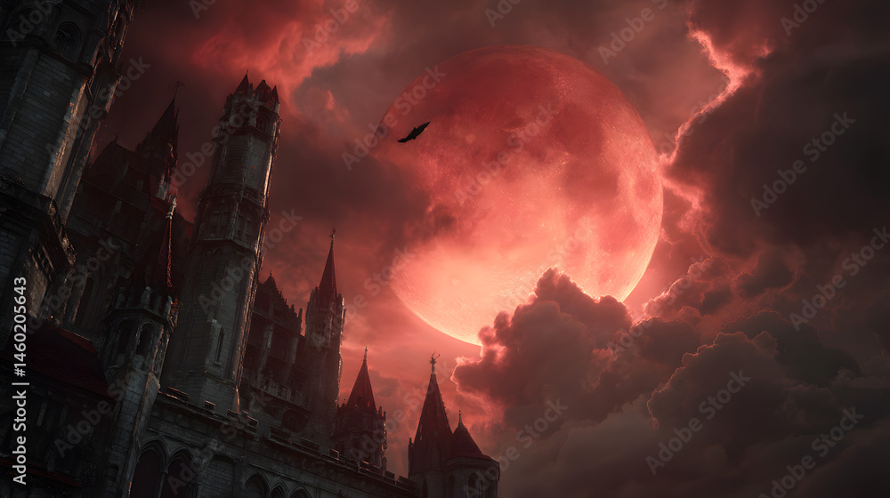 Blood Red Moon Rising Over Gothic Castle Dark Fantasy Art