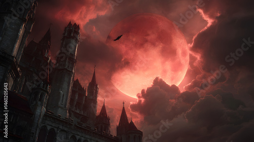 Obraz na płótnie Blood Red Moon Rising Over Gothic Castle Dark Fantasy Art w salonie