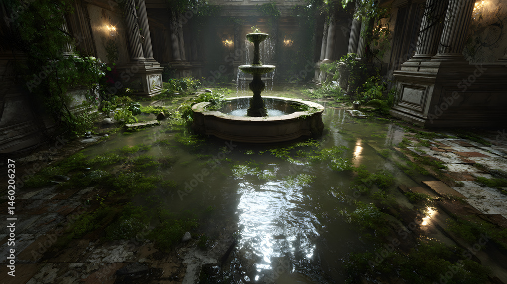 Overgrown Fountain in Abandoned Palace A Forgotten Architectural Gem