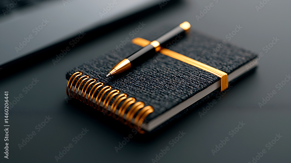 Black Spiral Notebook with Gold Accents and Pen on Dark Desk Black Spiral Notebook with Gold Accents and Pen on Dark Desk