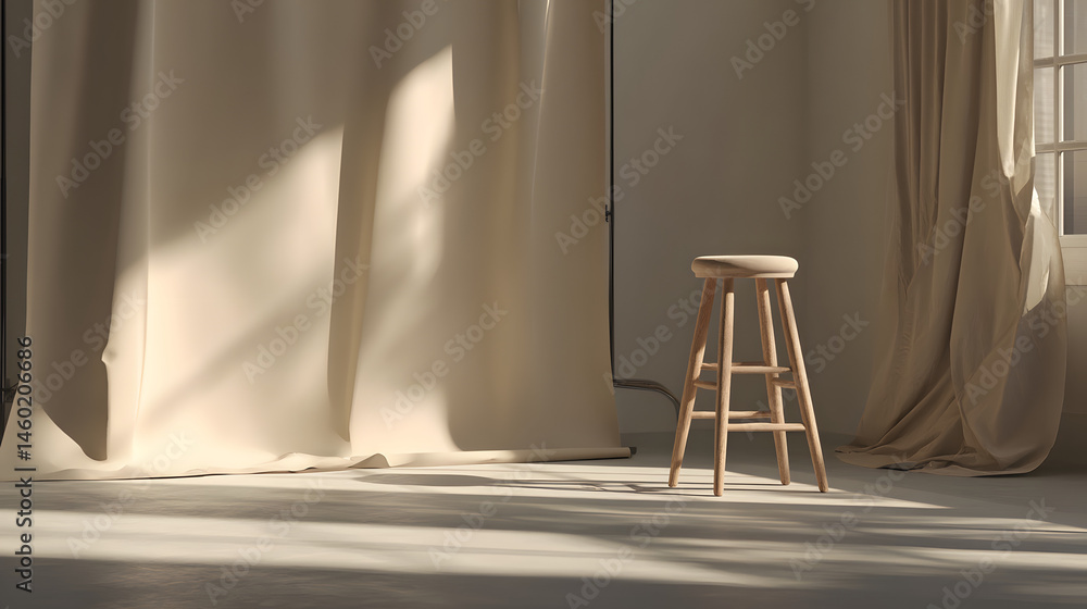 Serene Studio Corner Minimalist Interior Design with Wooden Stool and Natural Light