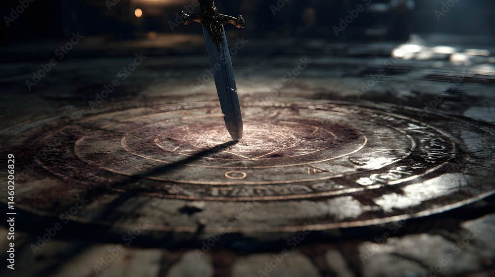 Ancient Ceremonial Dagger on Mystical Rune Circle