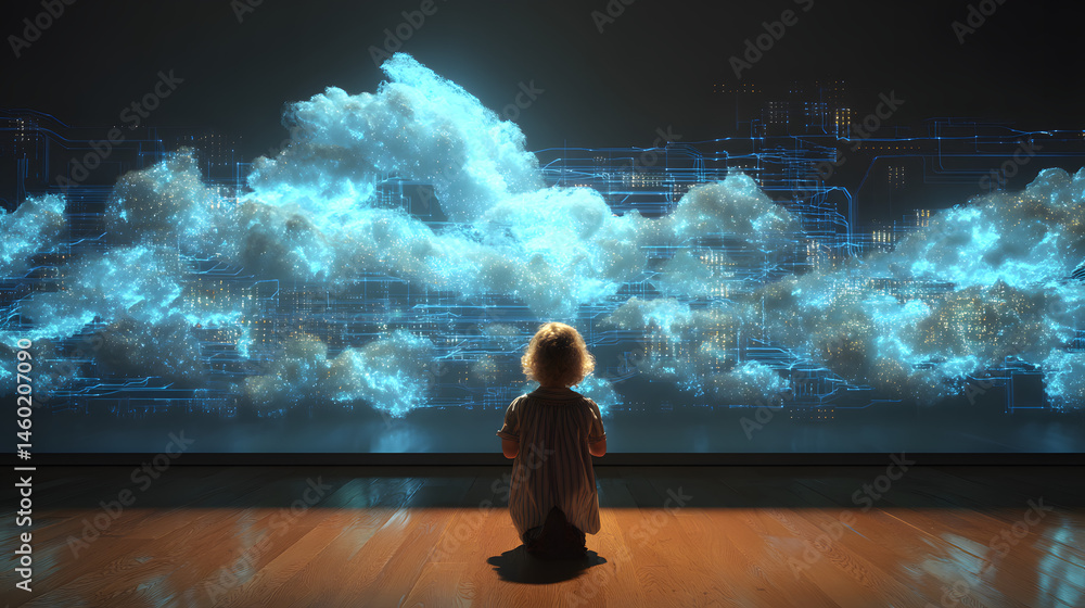 Child Wondering at Futuristic Cloud Cityscape