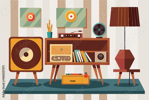 The image is a colorful illustration of a retro living room setup featuring a vintage record player console, speakers, records, wall art, a lamp, and a chair.