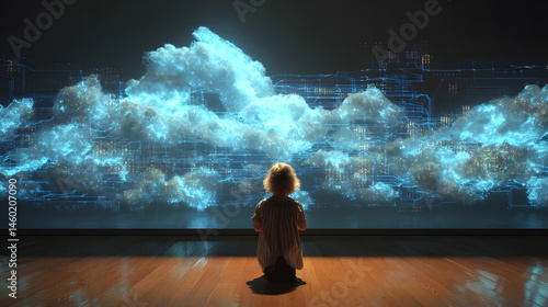 Obraz na płótnie Child Wondering at Futuristic Cloud Cityscape w salonie