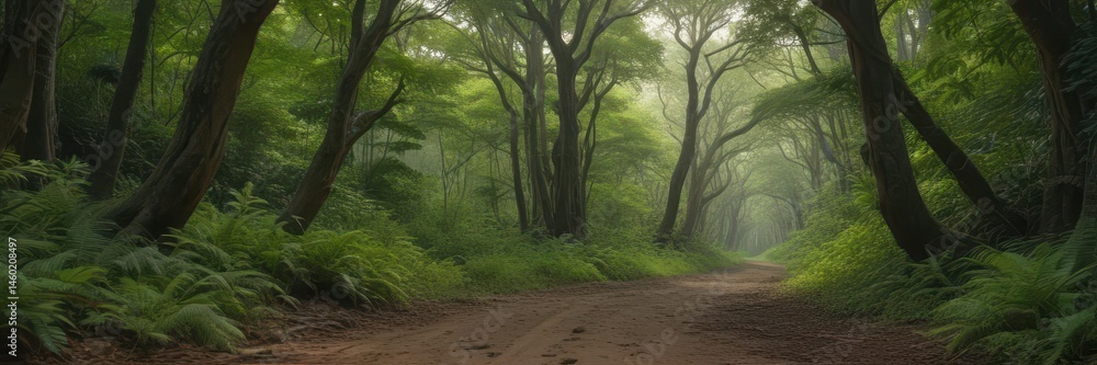 Fototapeta premium Deep sandy lane winding through lush green forest understory , trees, dirt