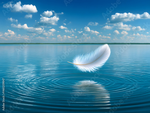 Feather hovering just above still lake surface