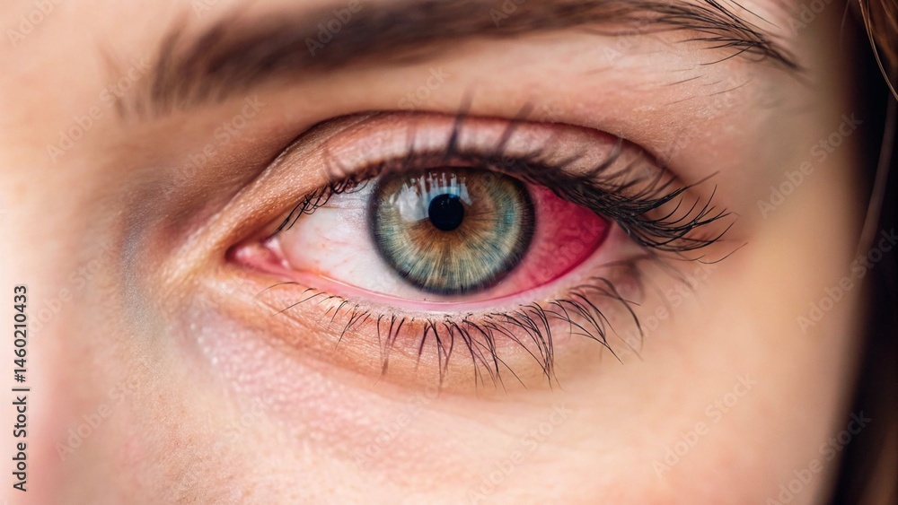 Obraz premium Close-up macro shot of a bloodshot human eye with visible red veins in the sclera and a light-colored iris. Represents eye irritation, health issues, fatigue, or medical condition.