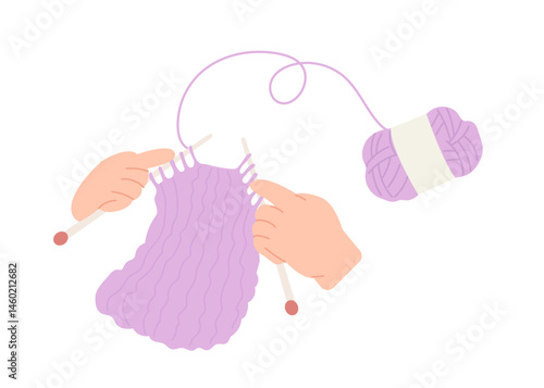 Close-up of hands knitting with needles and purple yarn isolated on white background. Illustration for hobby, crafting, leisure, ralax time or handmade scaft or sweater. Flat vector illustration.