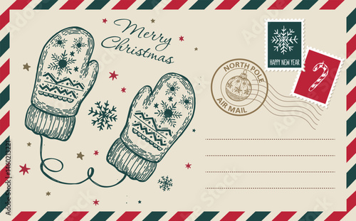Christmas mail, postcard, hand drawn illustration.	

