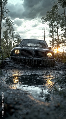 Post-apocalyptic scene with abandoned cars and cracked road, sun setting in the background