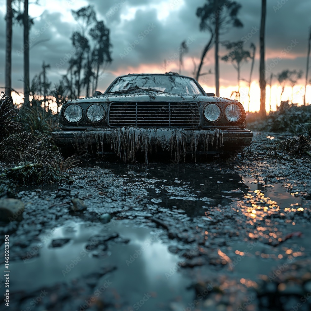 Post-apocalyptic scene with abandoned cars and cracked road, sun setting in the background