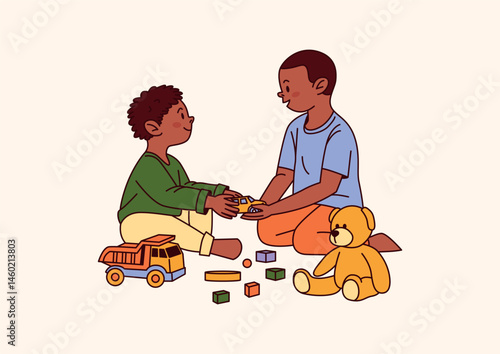 Two African American Boys Playing With Toy Car Sitting On Floor In Baby Room. Colorful Blocks And Teddy Bear Nearby. Indoor Activity. Flat Graphic Vector Illustration Isolated