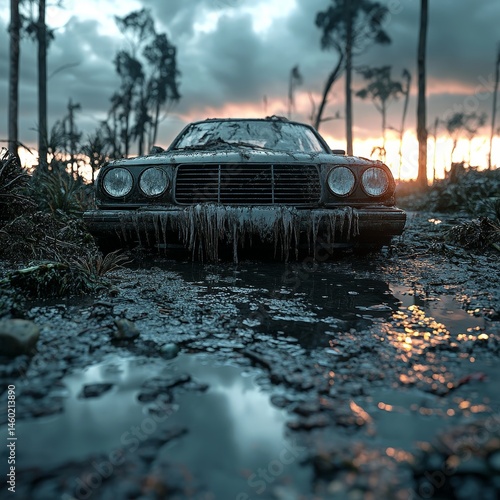 Obraz na płótnie Post-apocalyptic scene with abandoned cars and cracked road, sun setting in the background w salonie