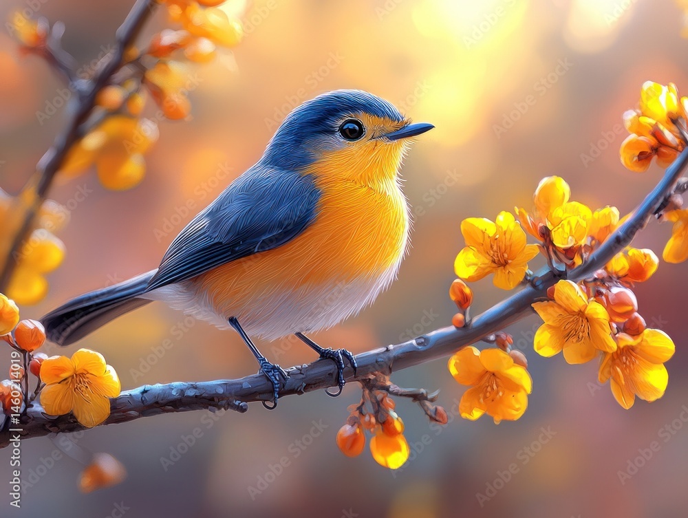 Vibrant bird perched on a blossoming branch, bathed in warm sunlight Vibrant bird perched on a blossoming branch, bathed in warm sunlight