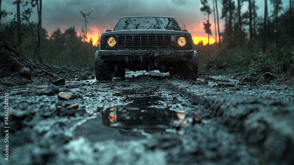 Post-apocalyptic scene with abandoned cars and cracked road, sun setting in the background