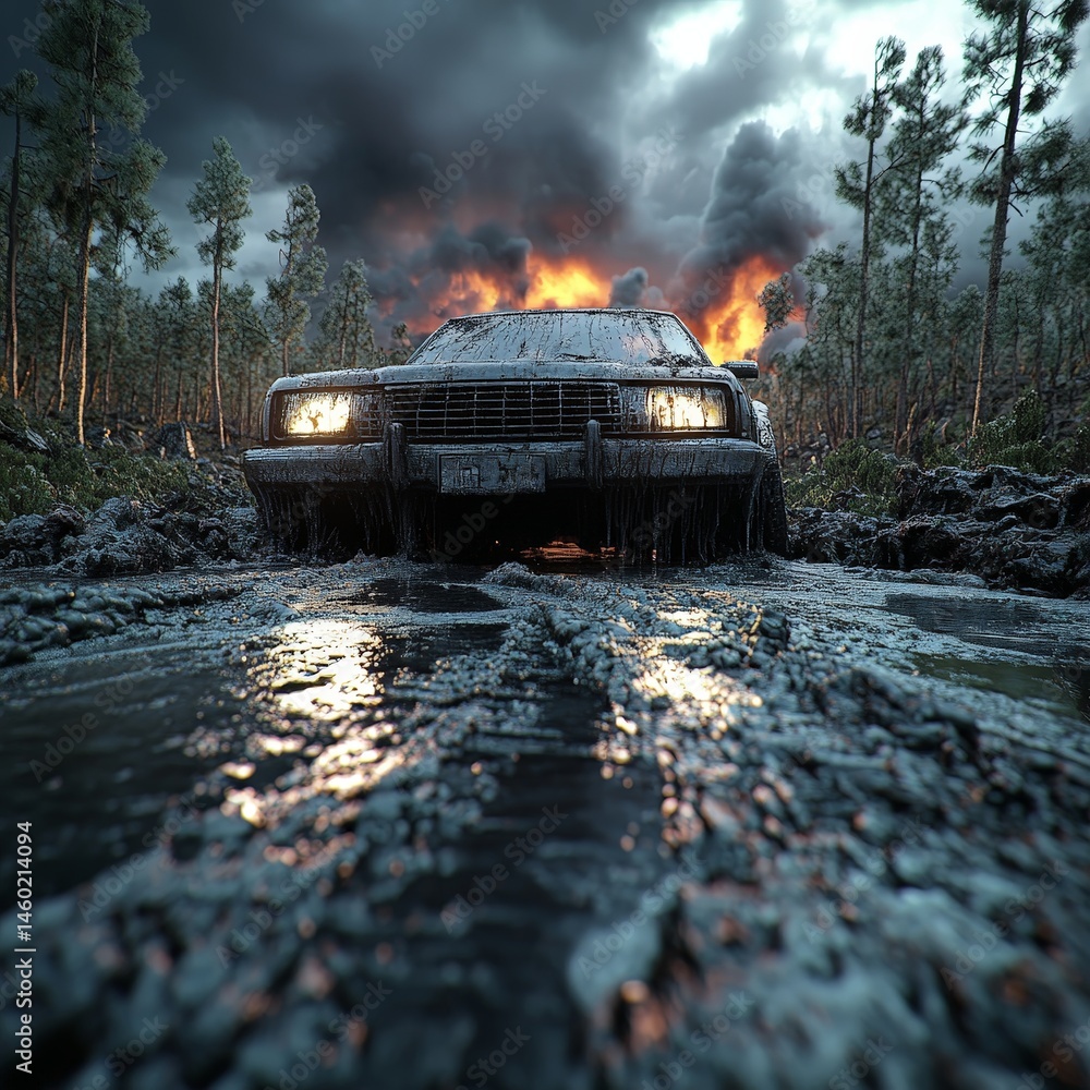 Post-apocalyptic scene with abandoned cars and cracked road, sun setting in the background