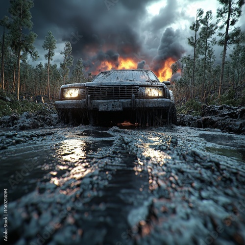 Obraz na płótnie Post-apocalyptic scene with abandoned cars and cracked road, sun setting in the background w salonie
