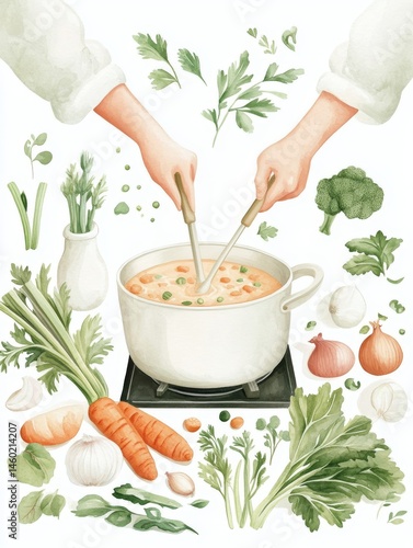 Hands cooking vegetable soup with fresh herbs
