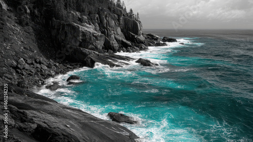 A black-and-white cliffside at the ocean, with bright turquoise waves crashing against the rocks