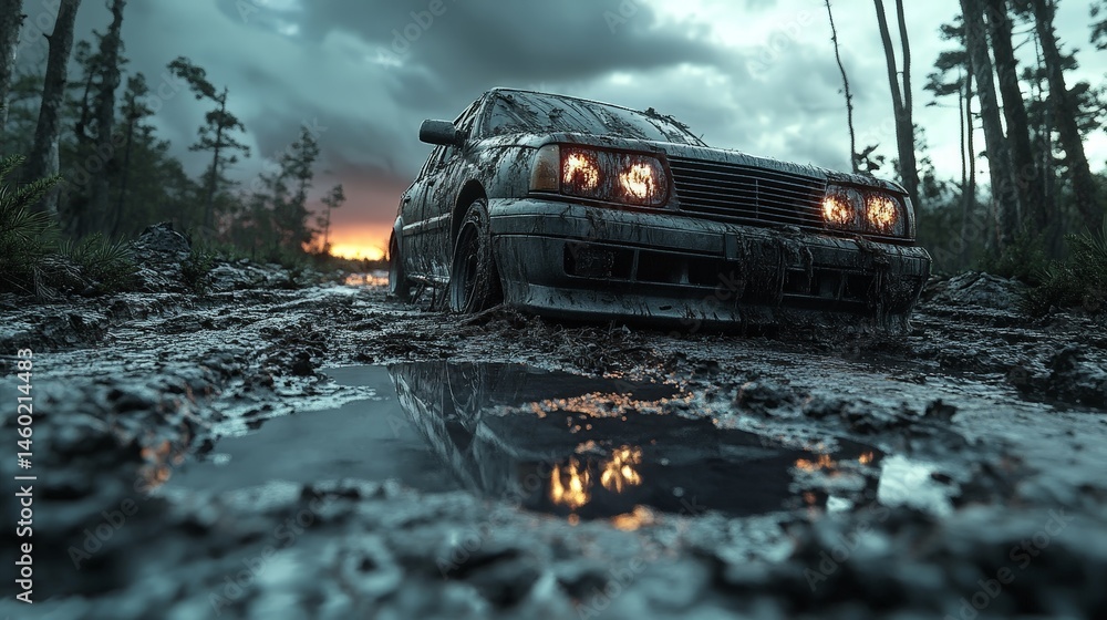 Post-apocalyptic scene with abandoned cars and cracked road, sun setting in the background