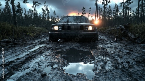 Obraz na płótnie Post-apocalyptic scene with abandoned cars and cracked road, sun setting in the background w salonie