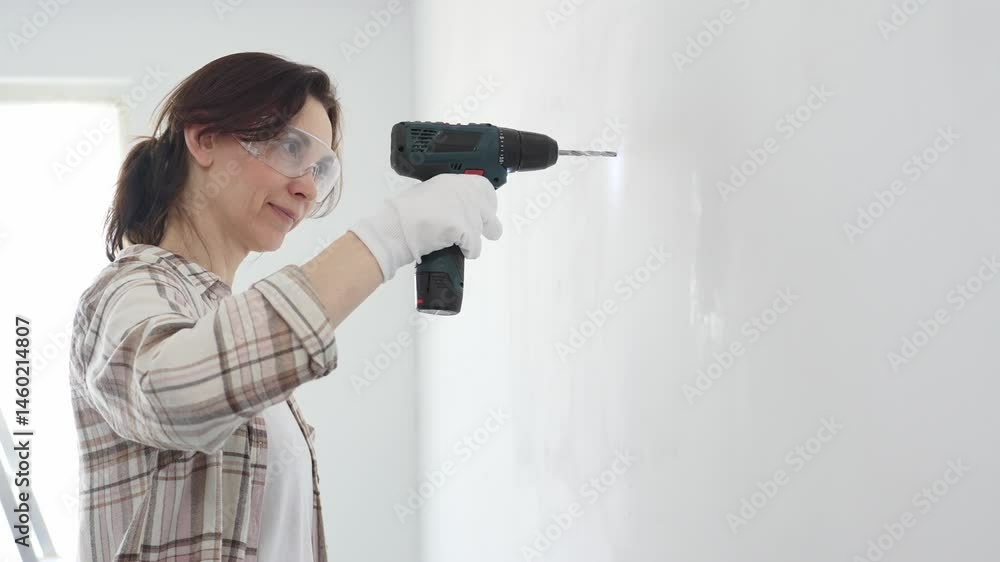 Woman wearing protective gear drilling hole in white wall during home improvement project, focused on precise home renovation work