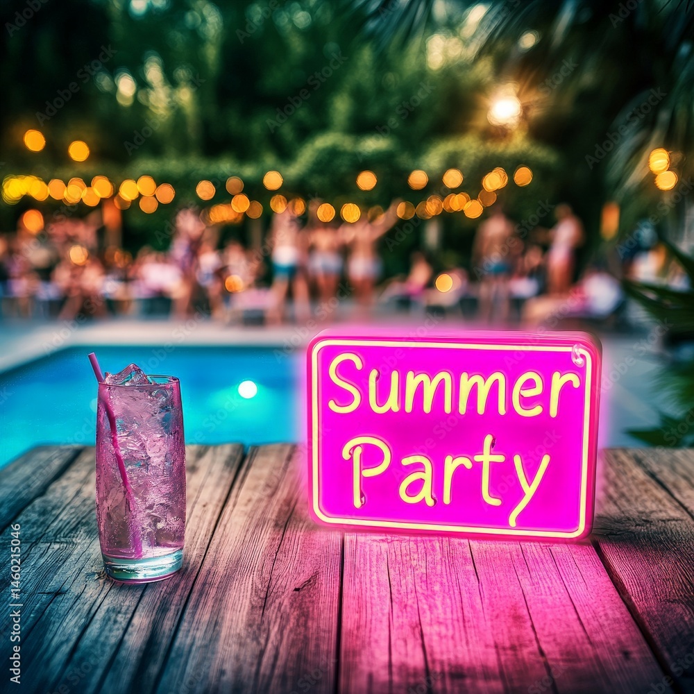 Neon Summer Party sign glowing at a vibrant poolside party