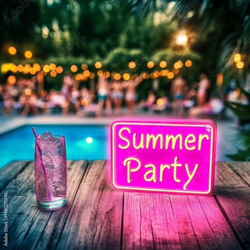 Obraz na płótnie Neon Summer Party sign glowing at a vibrant poolside party w salonie