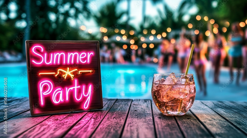 Neon Summer Party sign glowing at a vibrant poolside party