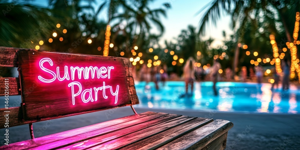 Neon Summer Party sign glowing at a vibrant poolside party
