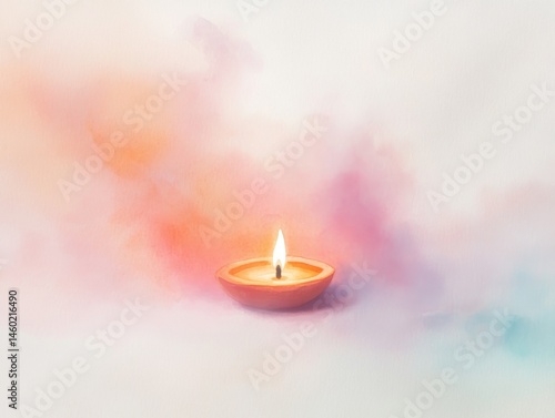Watercolor painting of Diya oil lamp with colorful glow
