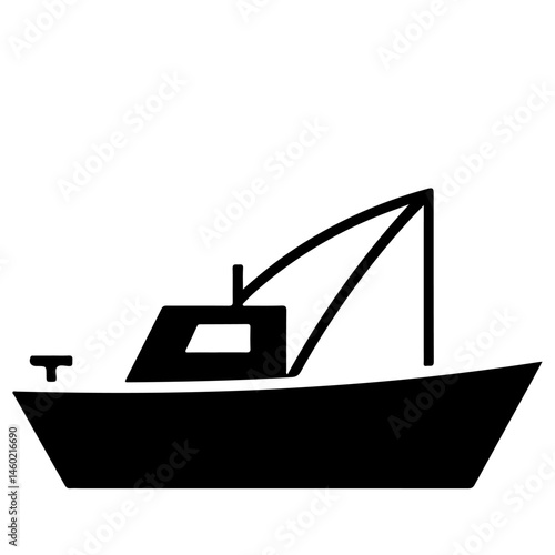 A black silhouette vector illustration of a fishing boat equipped with a crane, set against a white background.