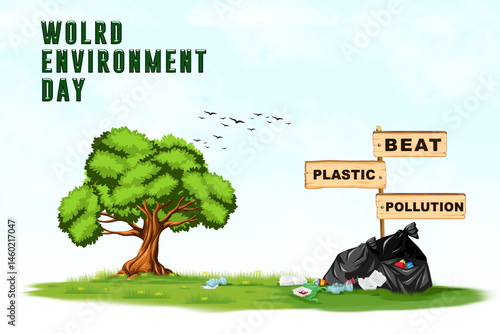 
World Environment Day with tree, trash bag, and sign saying "Beat Plastic Pollution". suitable for banner, poster, illustration, news, social media and etc.