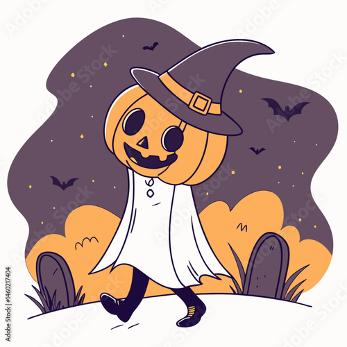 Cartoon Pumpkin Man in Witch Costume – Cute Halloween Character Walking Through Spooky Night Forest