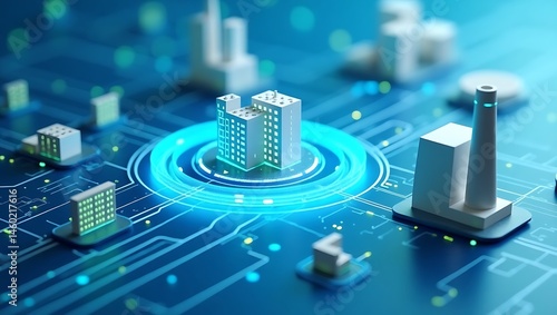 Abstract rendering of a futuristic smart city connected by digital network