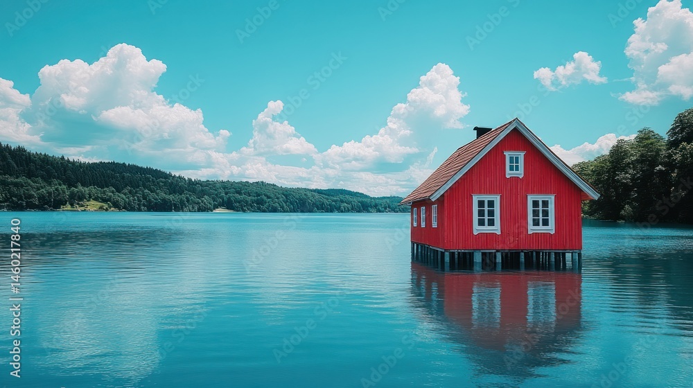 Red cabin on a lake, idyllic scenery Red cabin on a lake, idyllic scenery