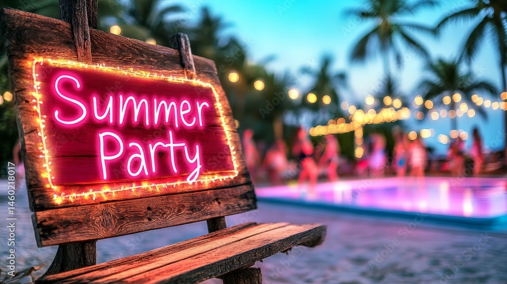 Neon Summer Party sign glowing at a vibrant poolside party