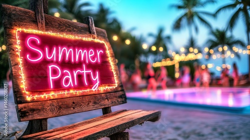 Obraz na płótnie Neon Summer Party sign glowing at a vibrant poolside party w salonie