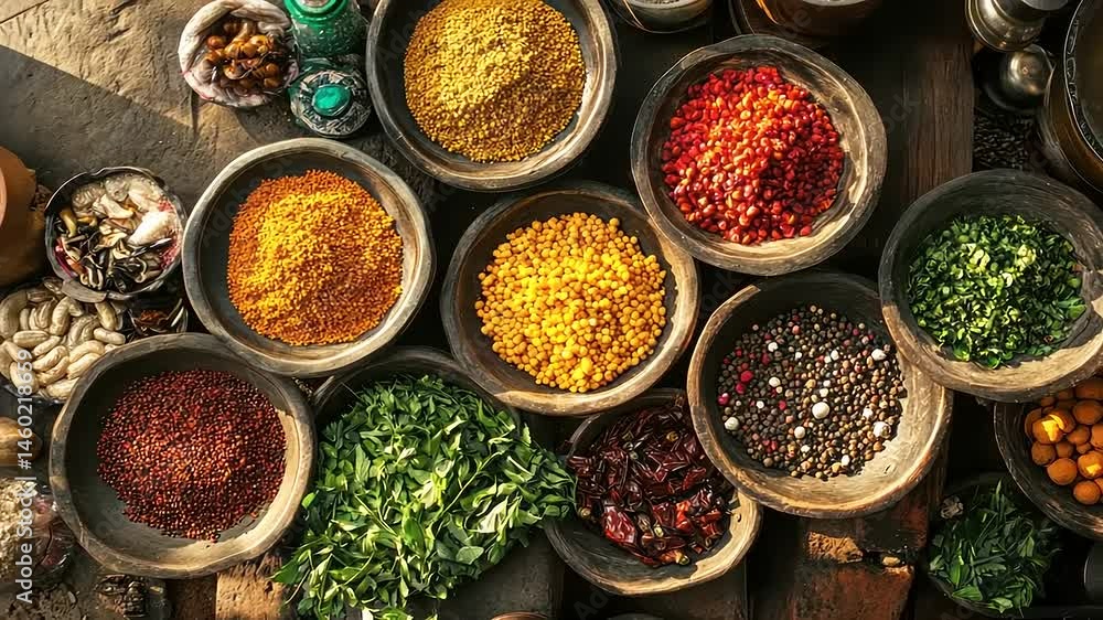 Assortment of aromatic spices and herbs in wooden bowls for culinary inspiration Assortment of aromatic spices and herbs in wooden bowls for culinary inspiration