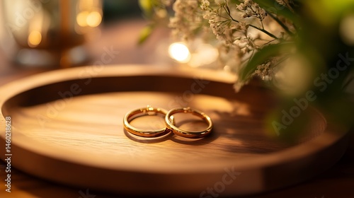 Golden wedding bands resting on a wooden platter.