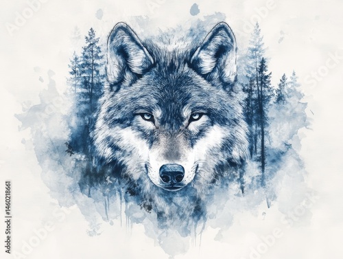 Wallpaper Mural Blue watercolor wolf portrait with forest background
 Torontodigital.ca