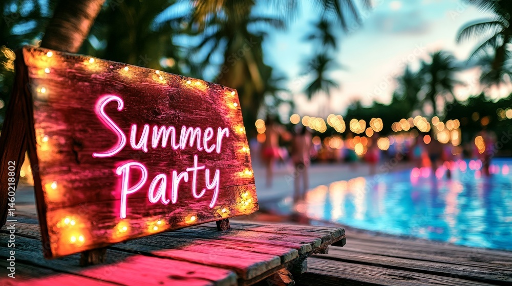 Neon Summer Party sign glowing at a vibrant poolside party