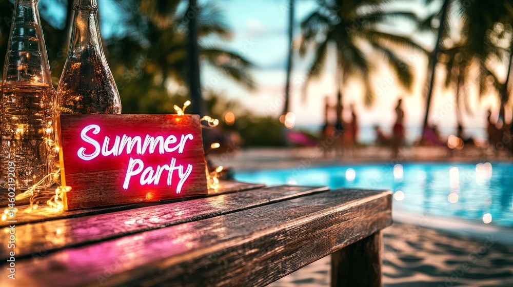 Neon Summer Party sign glowing at a vibrant poolside party